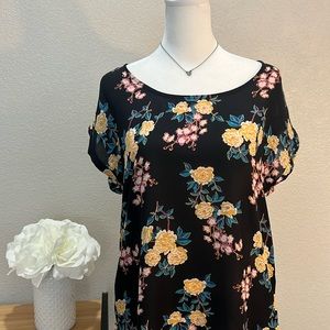 Pink Rose Hi Lo Floral Top with Capped Sleeves